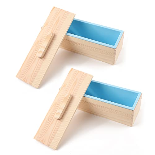 DOYOLLA Silicone Soap Loaf Molds Wood Box w/Wooden Covers for Homemade 42oz Soap Produce, Set of 2, (Total 84oz), Random Color