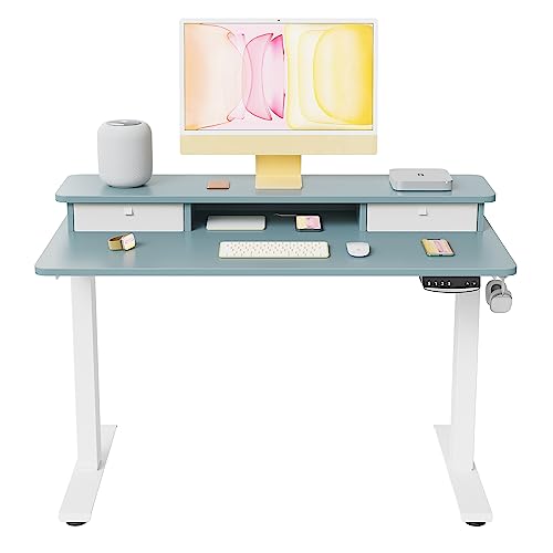 Image of FEZIBO Height Adjustable Electric Standing Desk with Double Drawer, 48 x 24 Inch Stand Up Table with Storage Shelf, Sit Stand Desk with Splice Board, White Frame /Blue Top
