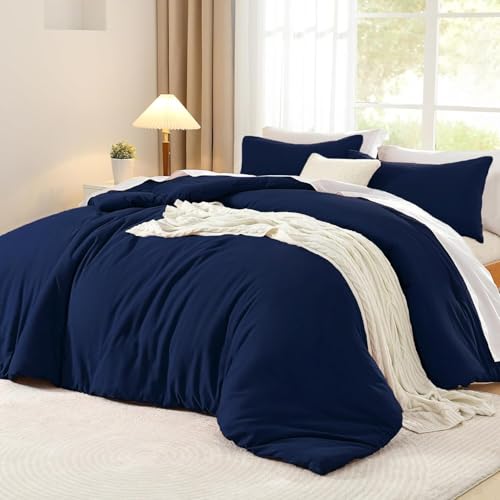 Luofanfei Housse de Couette Coton 220x240 Bleu Marine Adulte Ado Uni 2 Personnes Parure de Lit Unie en Coton Housse Couette 240x220 Linge de Lit avec Fermeture éclair...