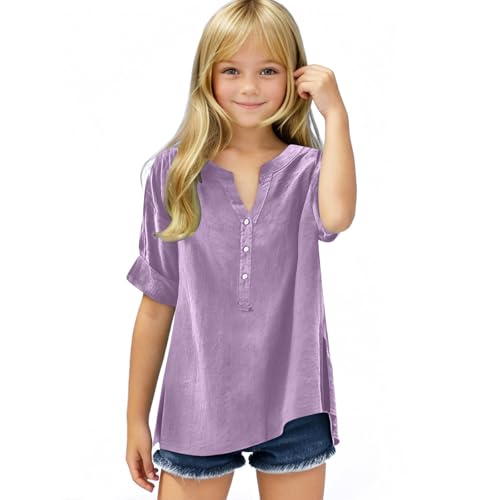 Girls Cotton Linen Henley Shirts Short Sleeve V-Neck Button T-Shirts Summer Beach Loose Hippie Tops