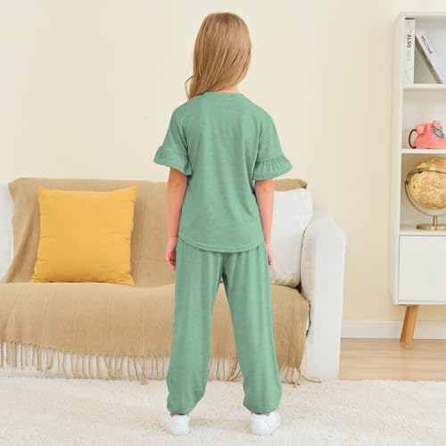 Image of Kids Girls Outfits Ruffle Sleeve T-Shirt Pants Set 2Piece 4-13 Years