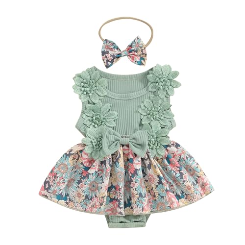 Image of Hnyenmcko Newborn Baby Girl Summer Romper Dress Infant Fly Sleeve Flower Embroidery Mesh Tulle Skirt Hem Ribbed Bodysuit