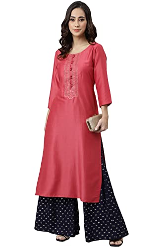 Image of Janasya Women's Pink Poly Silk Embroidered Straight Kurta