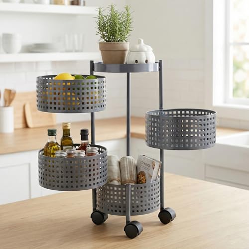 Image of 4-Tier Kitchen Carbon Steel Storage Rack - Grey | Durable & Sturdy Cart Organizer for Home & Kitchen | Vegetable, Fruits & Pantry Corner Rack | Multi-Layer Round Rack with Wheels