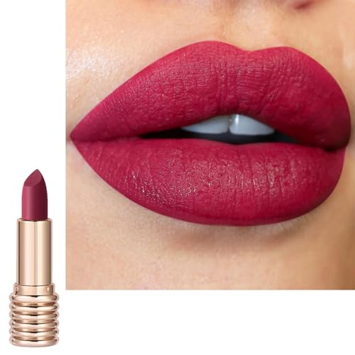 Rose Red Matte Lip Stick, Long Lasting Pink Lipstick for Women, Hot Color Silky Smooth Full-Coverage Moisturizing Lipsticks, Waterproof Non-Sticky Tinted Lip Balm Gift for Women