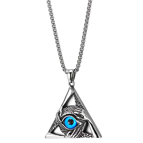 COOLSTEELANDBEYOND Steel Vintage Evil Eye Protection Hands Triangle Pendant Necklace for Men Women 30 Inch Wheat Chain2