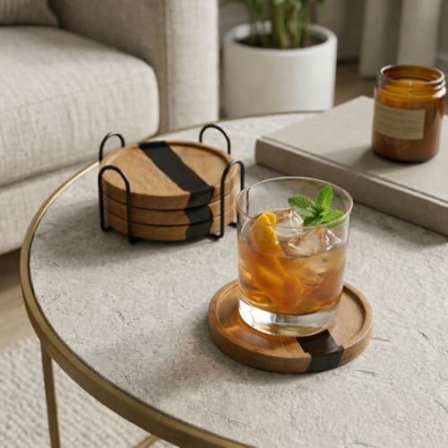 Image of Coaster Set of 4 for Dining Table - Premium Wooden Coasters with Resin Design & Metal Holder - Tea, Coffee & Glass Drink Coasters - Luxury Table Coasters for Office Desk, Kitchen & Home Decor