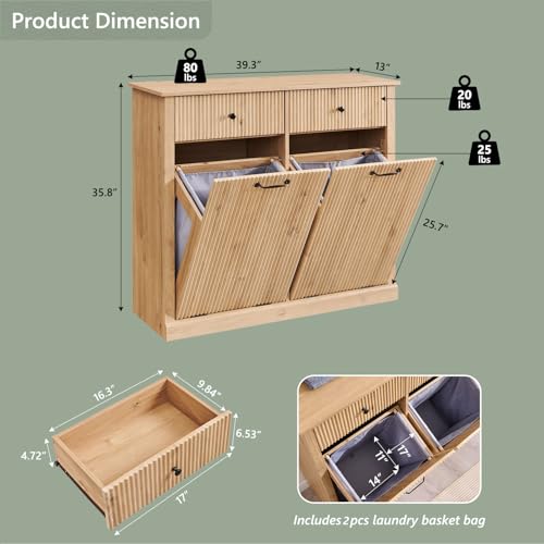Image of IFBUY Double Tilt Out Laundry Hamper Cabinet, Modern Trash Cabinet, Natural