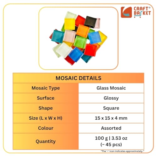 Image of Assorted Colours Glass Mosaic Tiles (20 Variations) (All Packs: 100 g,200 g,500 g), DIY Mosaic Art, Decoration, Crystal Glass Mosaic Tiles (Glossy Square 15 x 15 mm), 100 g