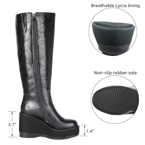 Image of WUDPUNDR Knee High Platform Boots for Women Chunky Heel Round Toe High Heeled Knee Tall Boots Not for Wide Calf