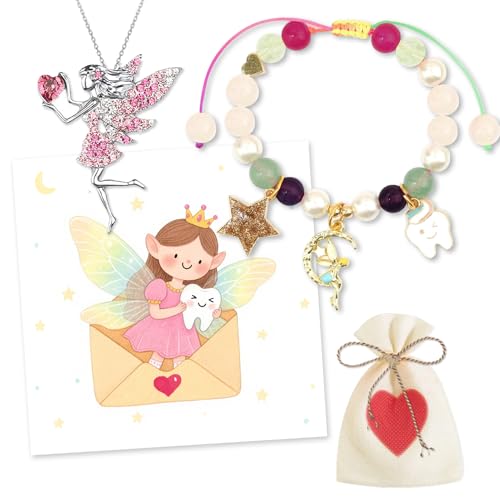 Henjunu Zahnfee Geschenke Mädchen Armband Zahnfee Karte Elfen-Halskette für Mädchen Perlenarmband Milchzahn Überraschung Geschenke Bunt Armbänder zum Einschlung Mutmacher Geburtstag Taufe Weihnachten