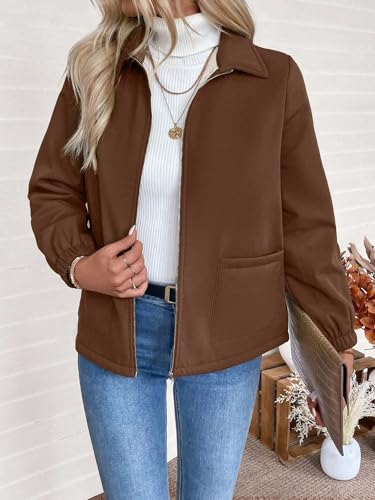 Chic Coffee Brown Womens Fall Winter Jacket with Front Zipper, Long Sleeves, and Cozy Pockets – Perfect for Small Sizes! - Image 6