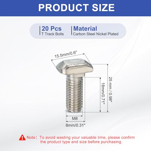 Image of PATIKIL M8 x 20 mm Thread T-Slot Bolts, 20 Pcs Drop-in Bolt Hammer Head T-Bolt Standard 8 mm Sliding Screw Stud for 30 Series Aluminum Extrusion Profile, Silver