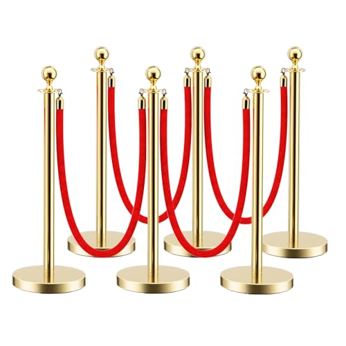 Image of LOVMOR 6PCS Gold Stanchion Posts Queue, 38 Inch Red Velvet Rope, 5 FT Red Carpet Ropes and Poles, Crowd Control Barriers Queue Line Rope, Barriers for Party Supplies