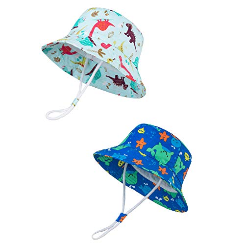 Image of LANGZHEN Sun Protection Hat for Kids Toddler Boys Girls Wide Brim Summer Play Hat Cotton Baby Bucket Hat with Chin Strap