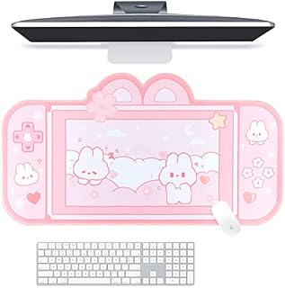 BelugaDesign Bunny Desk Pad | NS Switch Gaming Mat Large Mat Mousepad | Pastel Pink Animal Kawaii Cute Anime Desk Blotter Protector (Pink Rabbit, Large) (Pink White, 40x90)