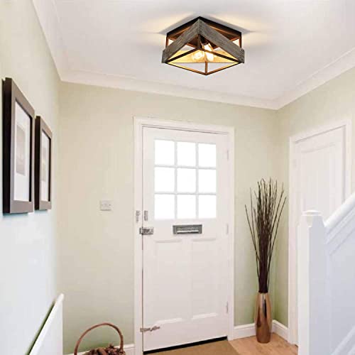 Modern Farmhouse Flush Mount Light Fixture Two-Light Metal And Wood Square Flush Mount Ceiling Light For Hallway Living Room Bedroom Kitchen Entryway,Antique Gold And Black #TOP1