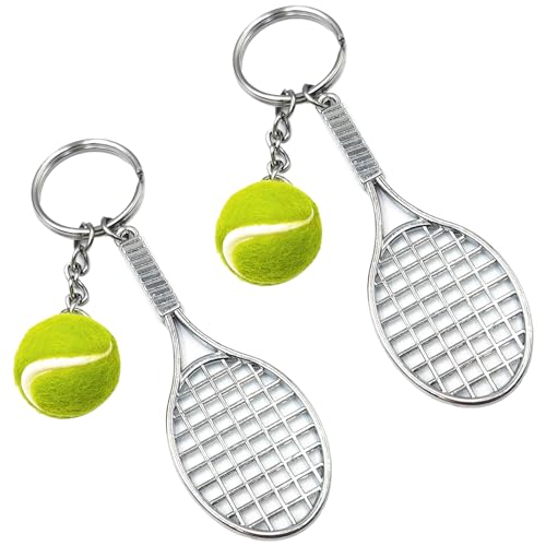 2 Pcs Llavero Raqueta de Tenis, Llavero de Mini Pelota de Tenis, Llavero de Deporte de Metal Amantes de Los Pelotas Padel...