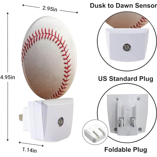 Image of Home Baseball Decorative Night Light Sports Theme White and Red Baseball Laces Softball Laces Night Lights Plug into Wall with Dusk to Dawn Sensor for Boys Men Room Decor