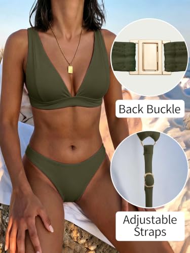 Image of Bathing Suits for Women Deep V Neck Sexy Two Piece Bikini Sets for Women Thong Halter Cheeky Swimsuit