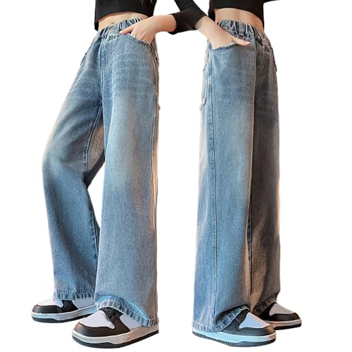 Girls High Waist Wide Leg Jeans - Elastic Waist Baggy Denim Pants with Frayed Pockets, Vintage Loose-Fit Trousers