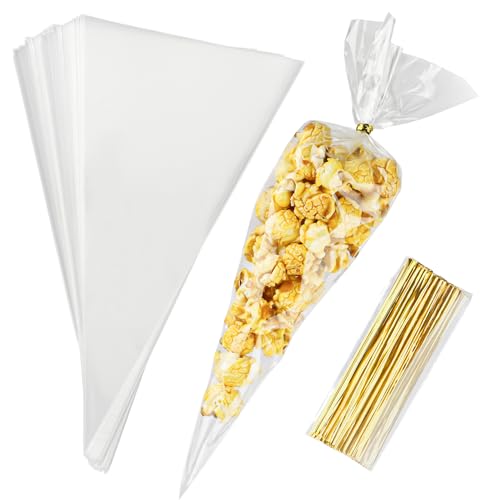 200 bolsas de celofán en forma de cono, bolsas de celofán en forma de cono de 11.8 x 6.3 pulgadas, bolsas de golosinas triangulares con lazos, bolsas de regalo transparentes, bolsas de plástico con