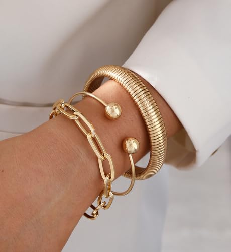 Image of Chunky Gold Bangle Bracelets for Women, Dainty 14k Gold Plated Big Stackable Bangles Set, Trendy Statement Cuff Bracelet Stack Fashion Jewelry Gifts