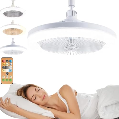 Pnedeodm LED Ceiling Fans with Remote Control, Bladeless Socket Fan with Light, 3 Speed & Brightness Adjustable Ceiling Fan Light, Dimmable LED Fan Lamp for Kitchen, Bedroom, And Small Rooms (White)