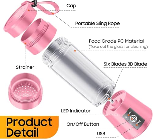 Image of Portable Juicer Blender with 6-Blade, USB Rechargeable, Personal Smoothie Maker, Protein Shake Mixer, Built-In Bottle, for Home, Travel and Gym