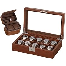ROTHWELL Gift Set 10 Slot Leather Watch Box & Matching 2 Watch Travel Case - Luxury Case Display Organizer, Locking Mens Jewelry Watches Holder, Mens Storage Boxes Glass Top Tan/Brown