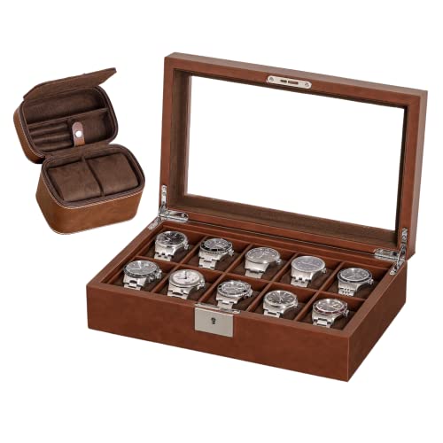 Rothwell Gift Set 10 Slot Leather Watch Box & Matching 2 Watch Travel Case - Luxury Watch Case Display Organizer, Locking Mens Jewelry Watches Holder, Men's Storage Boxes Glass Top Tan/Brown #TOP21
