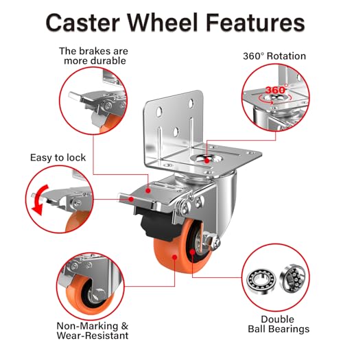 Image of 3inch L-Shaped Caster Wheels, Side Mount Casters Set of 4, Heavy Duty Casters with Brake, Double Bearing Locking Polyurethane(PU) Wheels for Baby Beds /Cabinets /Furniture（4 Pack
