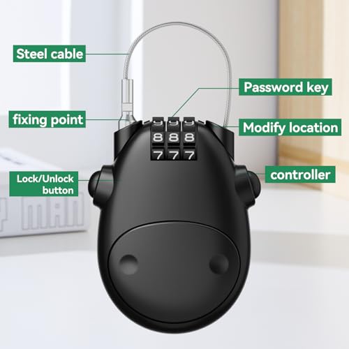 Candado Retráctil con Combinación de 3 Dígitos, Cable de Acero de 77 cm para Casco Moto, Bicicleta, Scooter, Maletas y Mochilas | Candado Antirrobo Compacto y Seguro para Moto y Bici - imagen 3