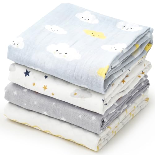 Image of david's kids 4 Pack Baby Muslin Swaddle Blankets, 100% Cotton and Ultra Soft Breathable Receiving Blanket Wrap for Boys Girls, New Born Essentials, Large 47 x 47 inches, Clouds