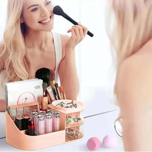 Image of ZUKU MakeUp Organizer Stand Desk Storage Dressing Table Organiser Cosmetic Organizer Box Skin Care Table Bathroom Organiser Makeup Storage Box Makeup Vanity with Transparent Drawer(Pink)