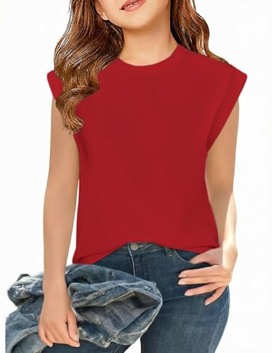 Image of Arshiner Girls Tops Red Summer Cap Sleeve T-Shirts Teen Cotton Tee Kisd Casual Oversized Tank Top 9-10 Years