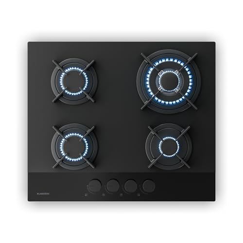 Klarstein Velaire Gaskochfeld, 4-Brenner Glas Gasherd, 8000W, 60cm, Flüssiggas & Erdgas, Elektrische Zündung, Flammenausfallschutz, inkl. Umrüstsatz & Schlauchset, Schwarz