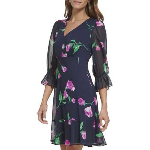 Image of DKNY Women's V-Neck Balloon Sleeve with Ruffle Hem