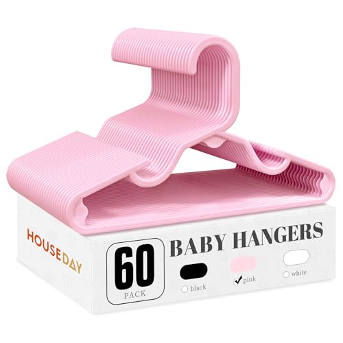 Image of HOUSE DAY Plastic Baby Hangers for Closet 60 Pack, Durable Plastic Kids Hangers for Baby Clothes, Thin & Compact Childrens Hangers, Space Saving Pink Baby Hanger, Small Hanger for Kids Clothes