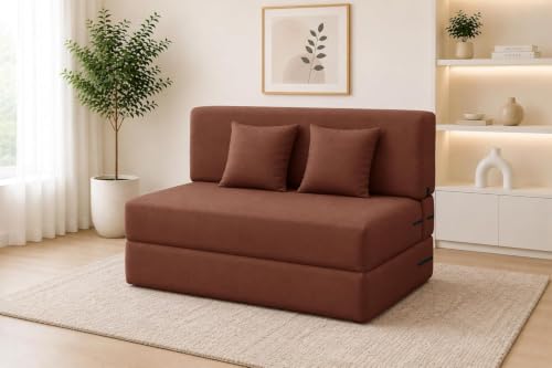 Image of Los Angeles 2 Seater Foldable Sofa Cums Bed, Sofa Bed 4 X 6 Feet Jute Fabric Washable Cover- Including Cushion Perfect for Living Room - Brown Color