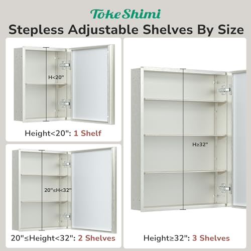 TokeShimi 36 x 24 Inch Brushed Nickel Medicine Cabinet with Mirror for Bathroom Cabinet Recessed/Surface-Mounted, Stepless Adjustable Shelves, Tempered Glass, Beveled Aluminum Frame by TokeShimi - Image 2