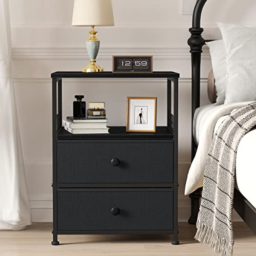 Enhomee Nightstand Set Of 2, Bedside Table With Fabric Drawers And Open Wood Shelf Storage, Bed Side Table With Metal Frame, Night Stand For Bedroom, Dorm, Easy Assembly And Pull, Black And Gray #TOP1