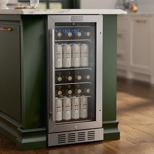 Image of Empava 15 inch Undercounter Beverage Cooler Refrigerator with Glass Door, Freestanding Drink Fridge with LED Light, Touch Control, 80 Cans Capacity