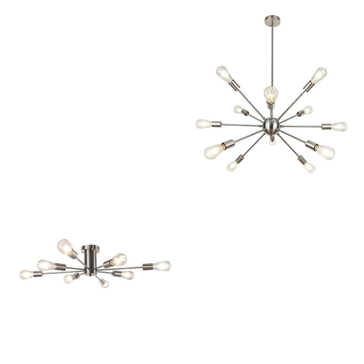 LynPonBrushed Nickel Sputnik Chandelier, 12 Lights & 8 Lights Silver Chandeliers Sputnik Light Fixture Modern Ceiling Light Mid Century Lighting for Dining Room Living Room Kitchen Foyer Bedroom