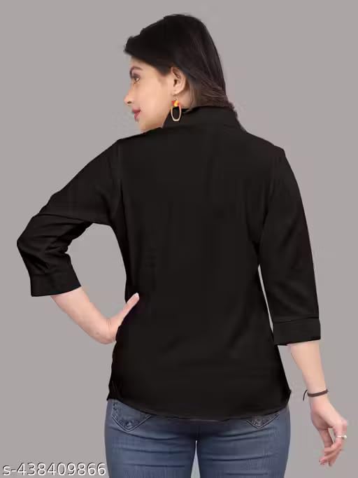 Image of Women's Cotton Blend Solid Formal Shirt with 3 /4 Sleeves-Navy Blue P4