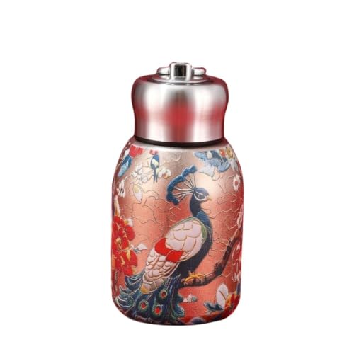 Image of Aider 300ml Peacock Print Stainless Steel Water Bottle | Double Wall Leakproof Mini Bottle | Portable Travel Mug for Kids, School, Office & Outdoor Use