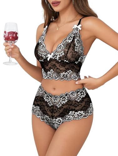 Image of Lilosy Sexy Lingerie for Women Lace Pajamas Set Cami Bra and Panty High Waist Sheer Sleepwear 2 Piece 2XS-6XL