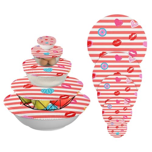 5 fundas reutilizables elásticas en 5 tamaños para tazones, tapas de masa madre para alimentos, ensalada de frutas, ecológicas (rojo y blanco, corazón, labios, verano)