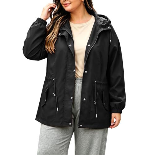 Slxbear Chaqueta impermeable para mujer, ligera, cortavientos, color sólido, duradera, funcional, para senderismo, casual, manga larga, botones, cremallera, cordón, con bolsillos y capucha, A negro
