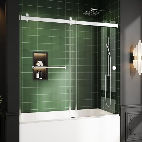 Image of Bathtub Sliding Door, 55 inch-60 inch W x 56 inch H Tub Shower Door, Bathtub Glass Door, Bathtub Double Sliding Tempered Glass Explosion-Proof Film Stainless Steel Brushed Silver